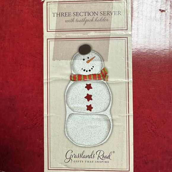 3 SECTION CERAMIC SNOWMAN SERVING DISH WITH TOOTHPICK HOLDER BY GRASSLAND ROADS - Picture 3 of 4